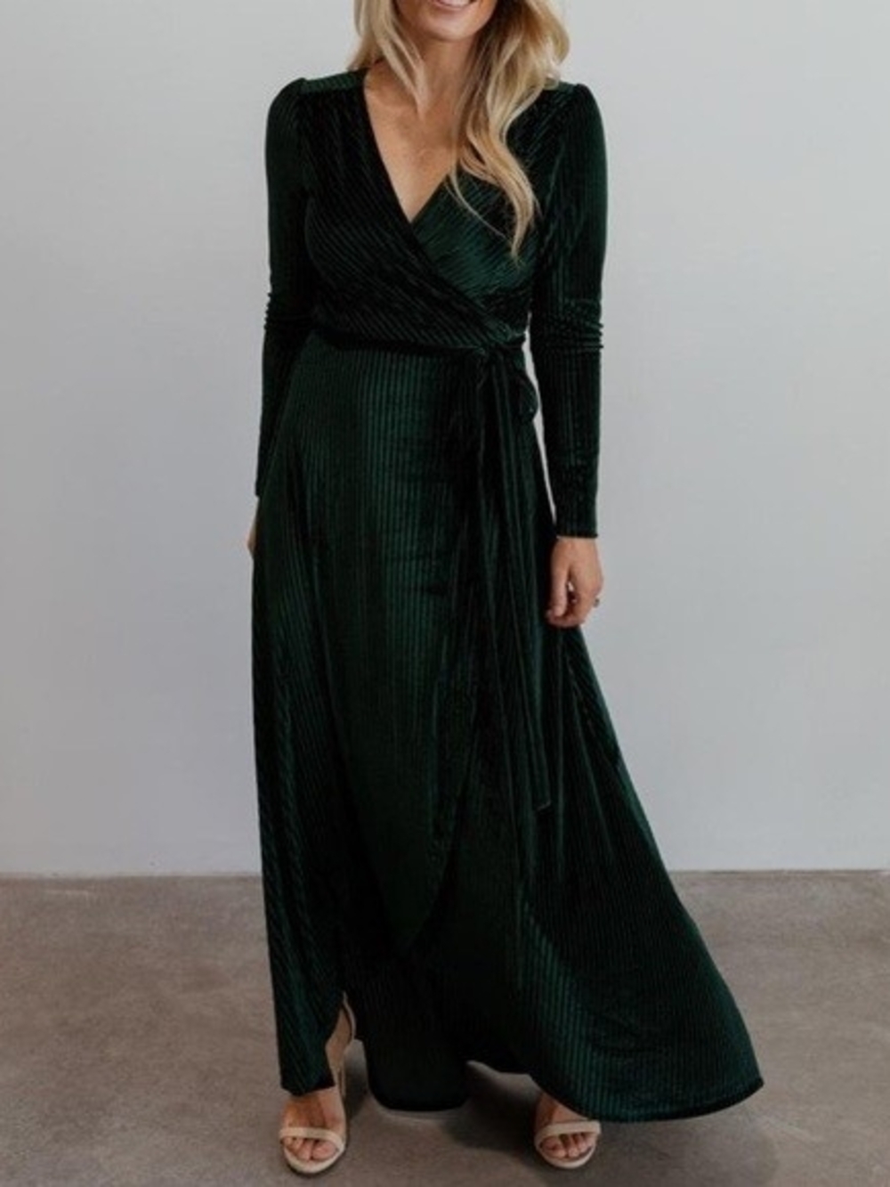 Baltic Born - Jada Dark Green Ribbed Velvet Wrap Maxi Dress - Long Sleeve